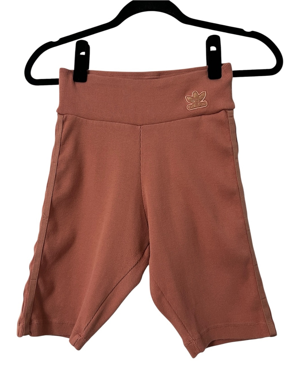 Adidas High Waist 3-Stripe Sporty Athletic Ribbed Bike Shorts in Dusty Rose- S - Picture 4 of 9